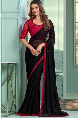 Reboot fashions black chiffon beautiful embellished saree,sari comes with embroidered blouse 1