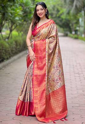 Beige with pink border zari woven dharmavaram silk women's saree with blouse piece 1