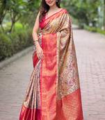 Beige with pink border zari woven dharmavaram silk women's saree with blouse piece