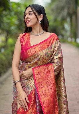 Beige with pink border zari woven dharmavaram silk women's saree with blouse piece 3