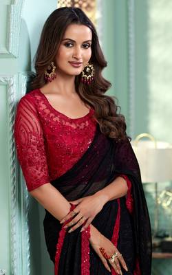 Reboot fashions black chiffon beautiful embellished saree,sari comes with embroidered blouse 4