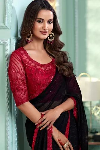 Reboot fashions black chiffon beautiful embellished saree,sari comes with embroidered blouse