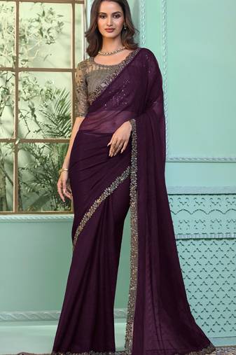 Reboot fashions wine chiffon beautiful embellished saree,sari comes with embroidered blouse