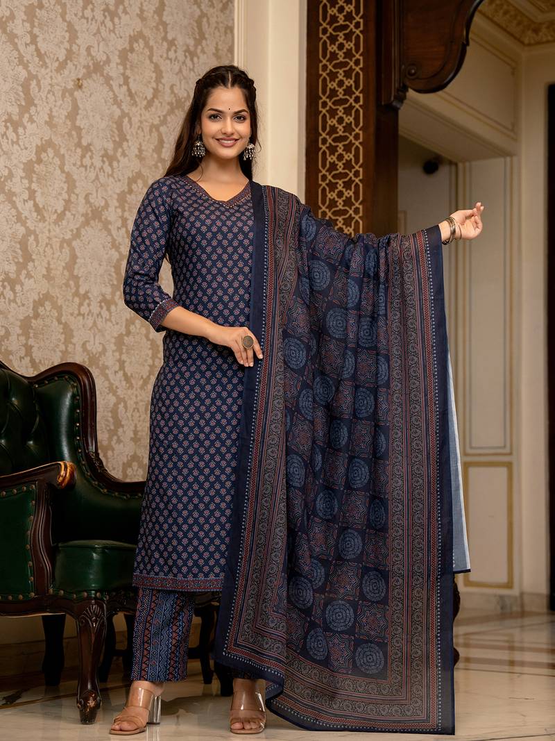 Navy blue printed cotton blend fancy straight trousers with dupatta