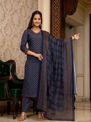 Navy blue printed cotton blend fancy straight trousers with dupatta 8