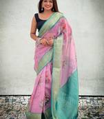 Pink floral printed tissue silk saree with unstitched blouse piece