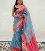 Blue floral printed tissue silk saree with unstitched blouse piece
