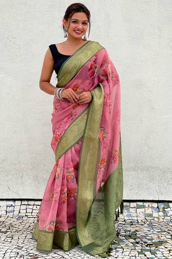 Pink floral printed tissue silk saree with unstitched blouse piece