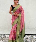 Pink floral printed tissue silk saree with unstitched blouse piece