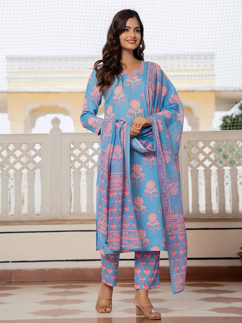 Blue printed cotton blend fancy straight trousers with dupatta