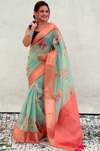 Green floral printed tissue silk saree with unstitched blouse piece