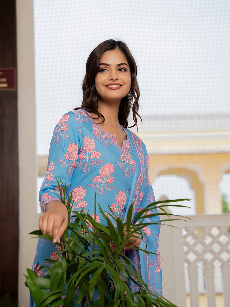 Blue printed cotton blend fancy straight trousers with dupatta