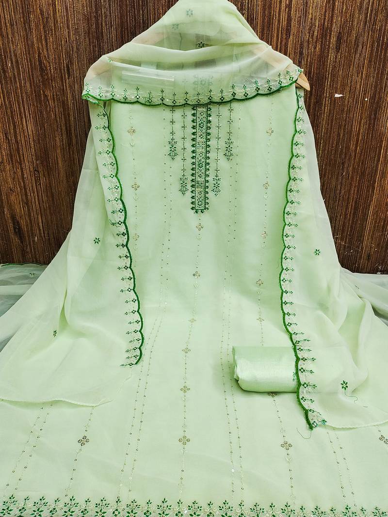 Green Georgette Sequinned Embroidered Suit Dress Material