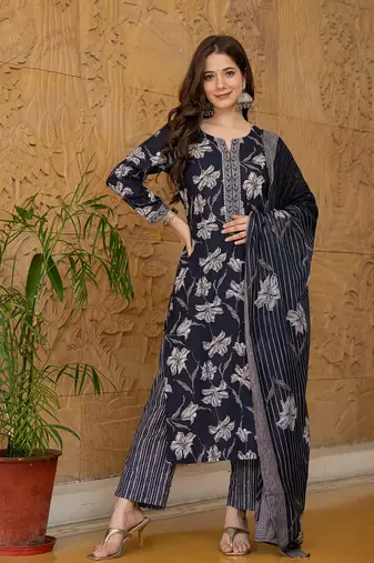 Black printed cotton blend fancy straight trousers with dupatta