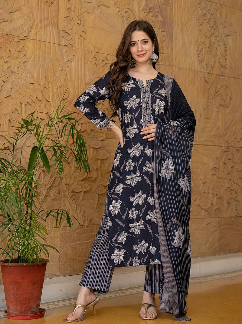 Black printed cotton blend fancy straight trousers with dupatta