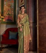 Green Woven Tussar silk blend Saree With Unstitched Blouse Piece