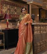 Orange Woven Tussar silk blend Saree With Unstitched Blouse Piece