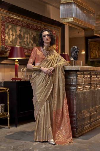Beige Woven Tussar silk blend Saree With Unstitched Blouse Piece