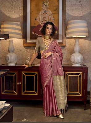 Pink Woven Tussar silk blend Saree With Unstitched Blouse Piece 1