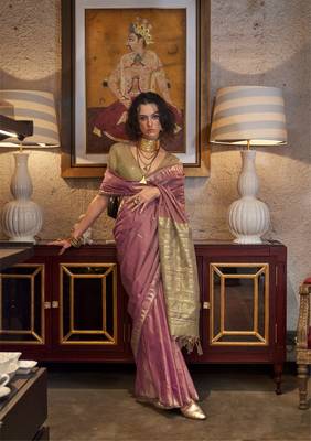 Pink Woven Tussar silk blend Saree With Unstitched Blouse Piece 2