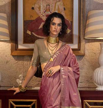 Pink Woven Tussar silk blend Saree With Unstitched Blouse Piece 3