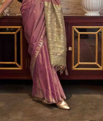 Pink Woven Tussar silk blend Saree With Unstitched Blouse Piece 4