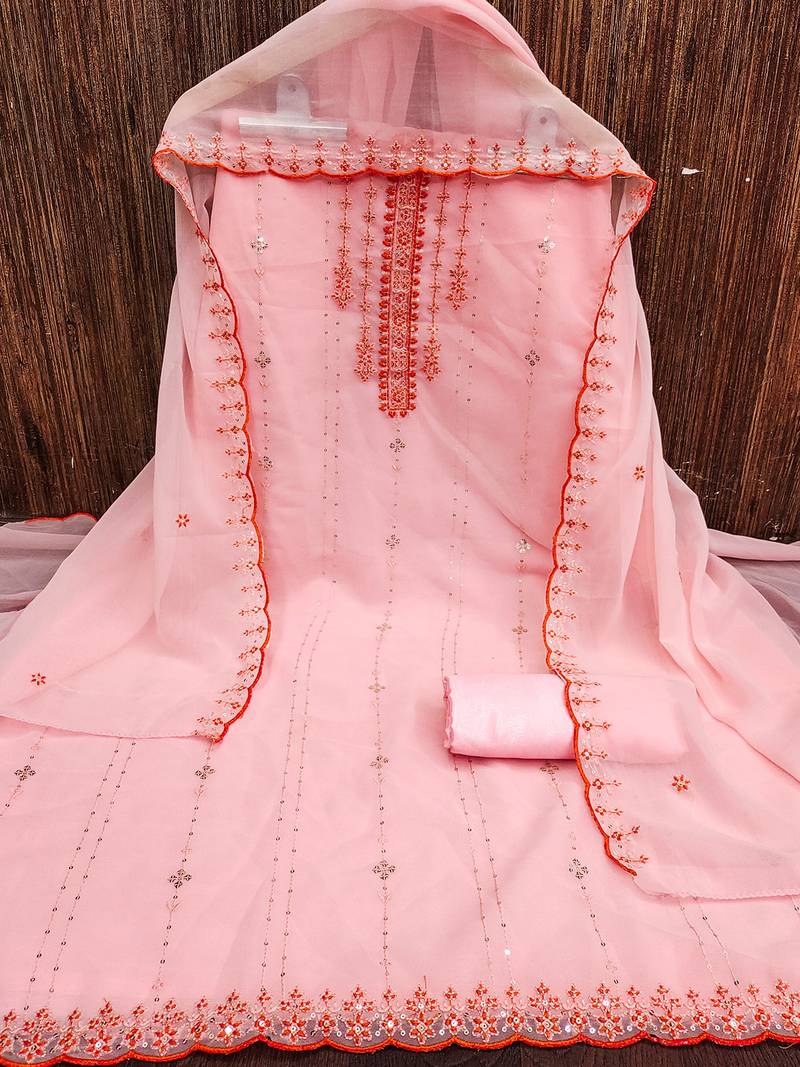 Peach Georgette Sequinned Embroidered Suit Dress Material