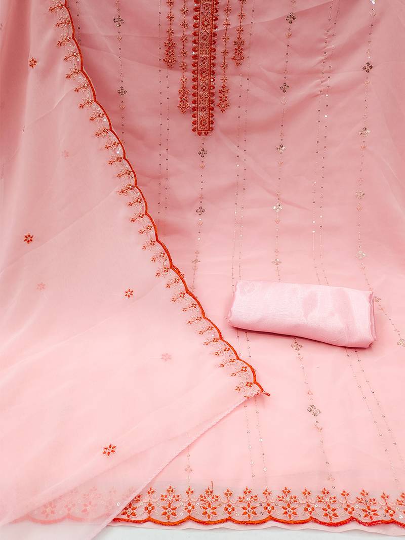 Peach Georgette Sequinned Embroidered Suit Dress Material