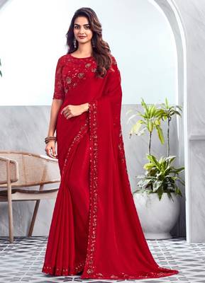 Reboot fashions red silk traditional embellished saree,sari comes with embroidered blouse 1