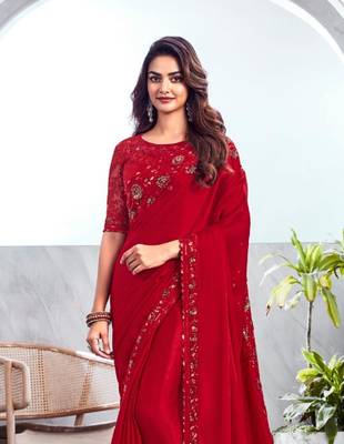 Reboot fashions red silk traditional embellished saree,sari comes with embroidered blouse 3
