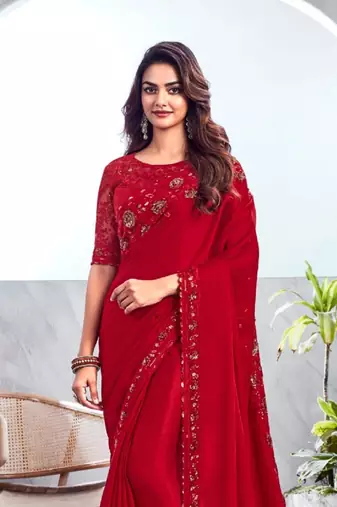 Reboot fashions red silk traditional embellished saree,sari comes with embroidered blouse