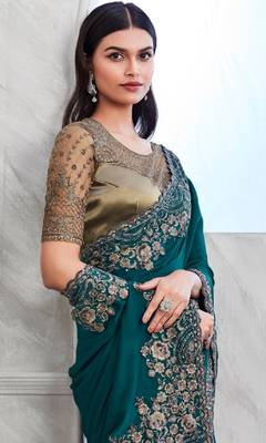 Teal Silk Traditional Embellished Saree,Sari Comes With Embroidered Blouse 4