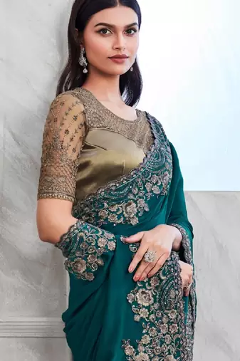 Teal Silk Traditional Embellished Saree,Sari Comes With Embroidered Blouse