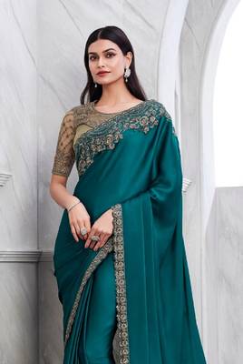 Teal Silk Traditional Embellished Saree,Sari Comes With Embroidered Blouse 5
