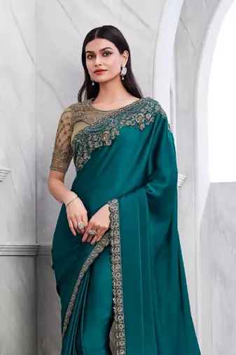 Teal Silk Traditional Embellished Saree,Sari Comes With Embroidered Blouse