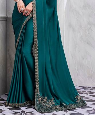 Teal Silk Traditional Embellished Saree,Sari Comes With Embroidered Blouse 6