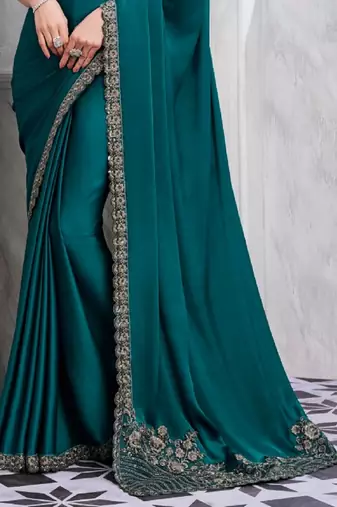 Teal Silk Traditional Embellished Saree,Sari Comes With Embroidered Blouse