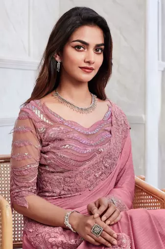 Reboot fashions pink silk traditional embellished saree,sari comes with embroidered blouse