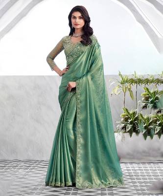 Reboot fashions sea green silk traditional embellished saree,sari comes with embroidered blouse 1