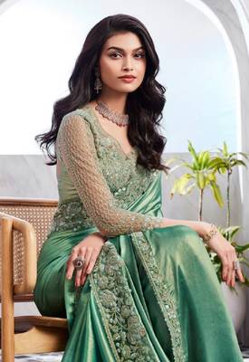 Reboot fashions sea green silk traditional embellished saree,sari comes with embroidered blouse 2