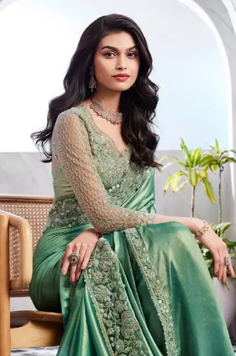 Reboot fashions sea green silk traditional embellished saree,sari comes with embroidered blouse
