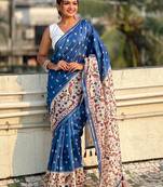 Navy blue floral print silk saree with unstitched blouse piece