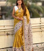 Mustard floral print silk saree with unstitched blouse piece