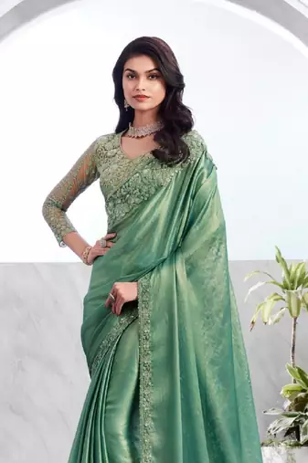 Reboot fashions sea green silk traditional embellished saree,sari comes with embroidered blouse