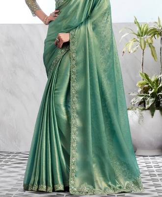 Reboot fashions sea green silk traditional embellished saree,sari comes with embroidered blouse 4