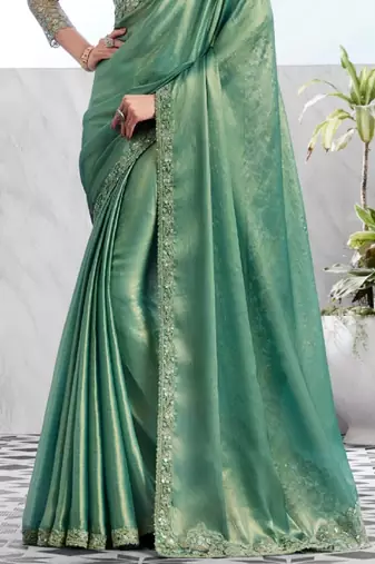Reboot fashions sea green silk traditional embellished saree,sari comes with embroidered blouse