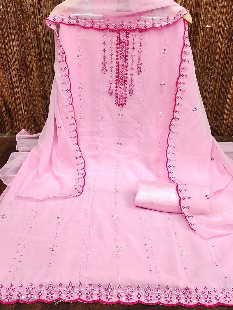 Pink Georgette Sequinned Embroidered Suit Dress Material With Georgette Dupatta