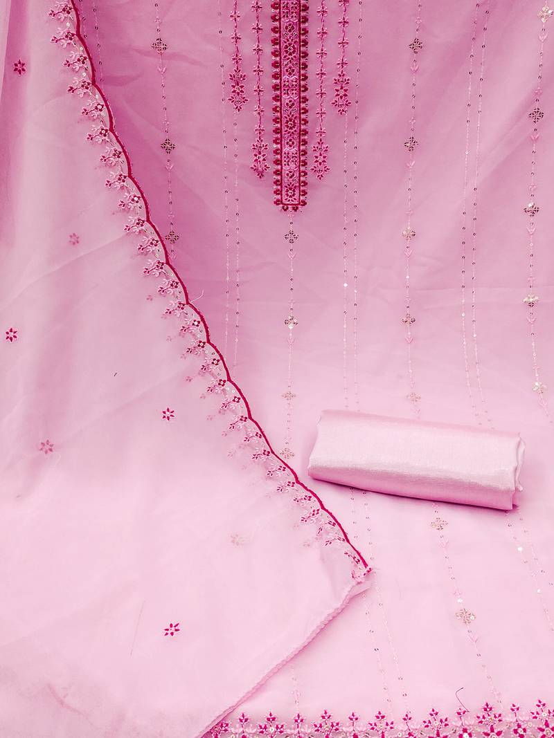 Pink Georgette Sequinned Embroidered Suit Dress Material With Georgette Dupatta