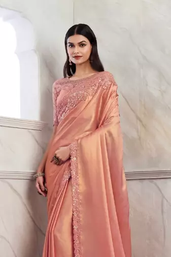 Reboot fashions peach silk traditional embellished saree,sari comes with embroidered blouse