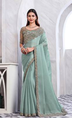 sea green silk blend beautiful embellished saree with embroidered blouse 1